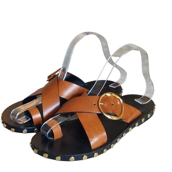 Isabel Marant Jolda Brown leather crossover straps with Gold Buckle Studded - Picture 3 of 16